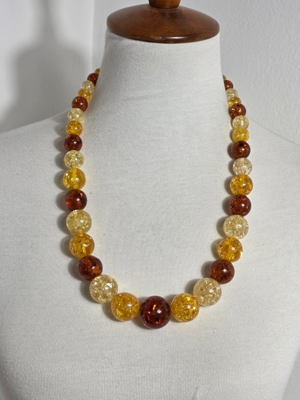 Tri-Color Beaded Necklace Round Amber, Deep Cognac & Yellow Crackled Beads